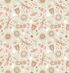 Light cute pattern with flowers, dragonflies