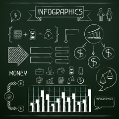 Set of chalkboard infographics and business icons.