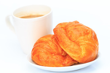 coffee and croissant isolated on white background