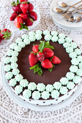 Chocolate Cake with mint cream and Strawberries