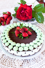 Chocolate Cake with mint cream and Strawberries