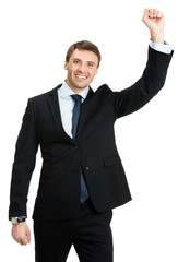 Happy gesturing businessman , isolated