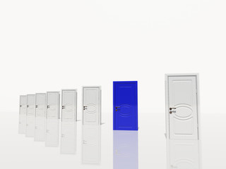 Single  blue door of several diagonally receding in white space