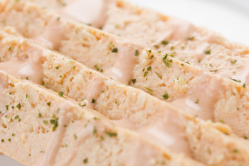 pink fish cake with mayonnaise is a tipical spanish meal