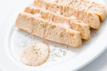 pink fish cake with mayonnaise is a tipical spanish meal