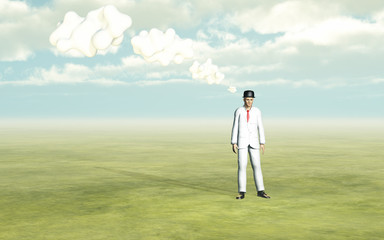 Man with 3D white thought clouds