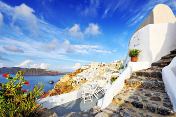 Fototapeta premium Terrace and stairs at holiday villa in Oia
