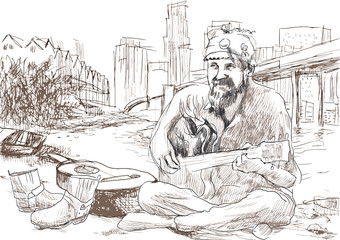 The bearded hippie man playing the guitar (drawing into vector)