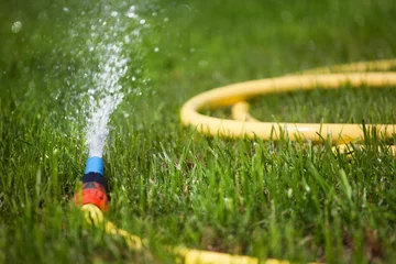 Crédence de cuisine en verre imprimé Printemps Garden water hose on a well groomed freshly cut grass