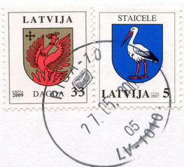 Canveled latvian stamps "Dagda" and "Staicele"
