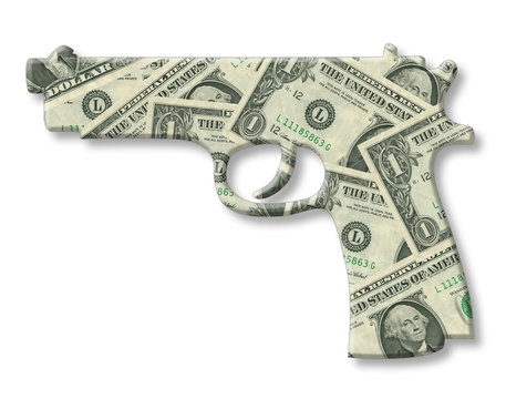 Model of a gun with money, dollar texture isolated on white
