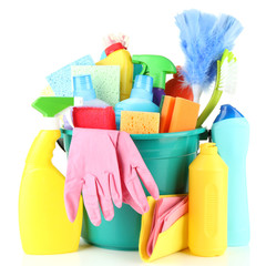 Cleaning items in bucket isolated on white