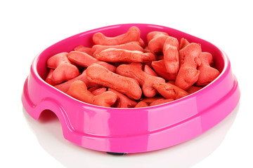 Dry dog treats in bowl isolated on white