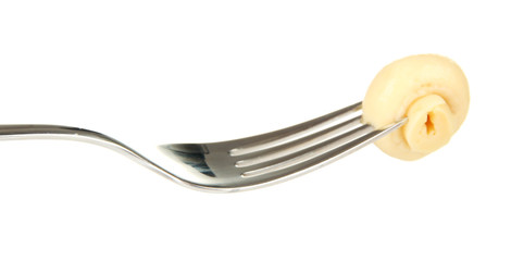 Mushroom on fork, isolated on white