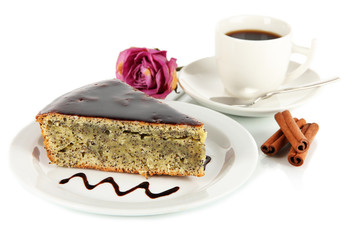 Delicious poppy seed cake with cup of coffee isolated on white
