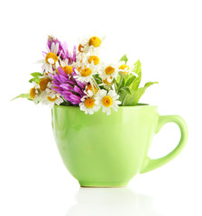 Beautiful wild flowers and mint in cup, isolated on white