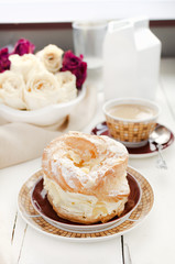 Choux Pastry Ring Paris-Brest, Coffee, Dried Roses