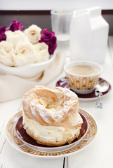 Choux Pastry Ring Paris-Brest, Coffee, Dried Roses