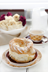 Choux Pastry Ring Paris-Brest, Coffee, Dried Roses