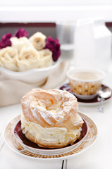 Choux Pastry Ring Paris-Brest, Coffee, Dried Roses