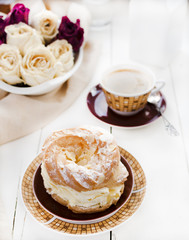 Choux Pastry Ring Paris-Brest, Coffee, Dried Roses