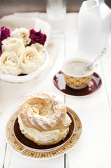 Choux Pastry Ring Paris-Brest, Coffee, Dried Roses