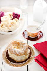 Choux Pastry Ring Paris-Brest, Coffee, Dried Roses