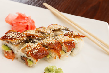 sushi with chopsticks