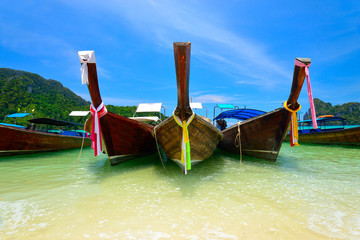 Thai traditional boats in the bay. Thailand, Phi Phi Island