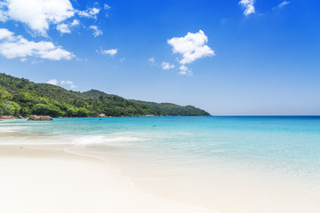 Obraz na płótnie Canvas Koral biały piasek na plaży i lazur oceanu. Seszele wyspy.