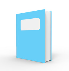 A bright blue book standing up with a white blank title.