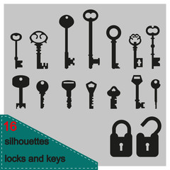 Vector illustration silhouette of keys and locks