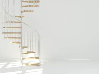 Empty white room with circular staircase.