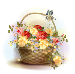 Fototapeta na wymiar Wicker basket with roses. Victorian style.