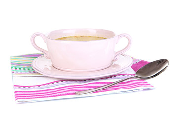 Nourishing soup with vegetables in pan isolated on white