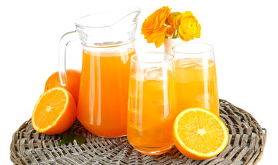 Glasses and pitcher of orange juice isolated on white