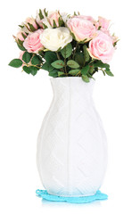 Beautiful pink and white roses in vase isolated on white