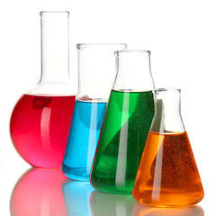 Test tubes with colorful liquids isolated on white