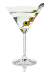 Martini glass with olives isolated on white.