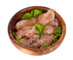 Chicken meat in wooden bowl isolated on white