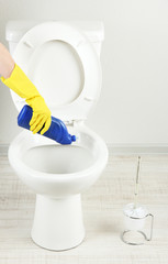Woman hand with spray bottle cleaning a toilet bowl in a