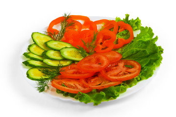 cucumbers tomatoes tasty sliced salad plate isolated on white ba