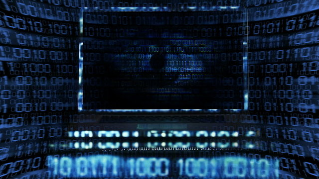 Eye watching you in a Laptop screen with binary codes all around