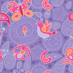 Seamless pattern with butterflies, bird and flowers