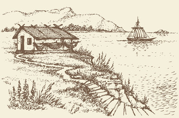 Vector landscape. Fisherman's hut on a cliff near sea