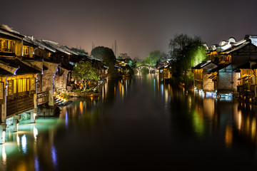 Fototapeta na wymiar Ancient Watertown in China at night, Wuzhen near Shanghai