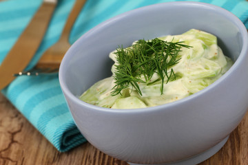 Cucumber salad with sour cream decorated with fresh dill