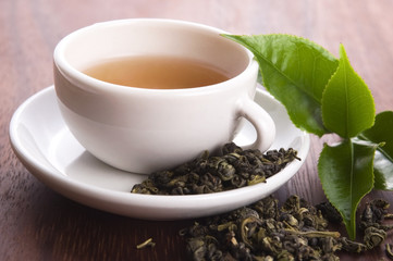 cup of green tea with freh leaves