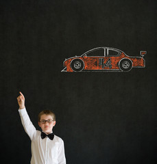 Hand up answer boy business man with Nascar racing fan car