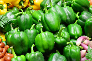 Plakat ripe Yellow and Green Peppers in Vegetables Market